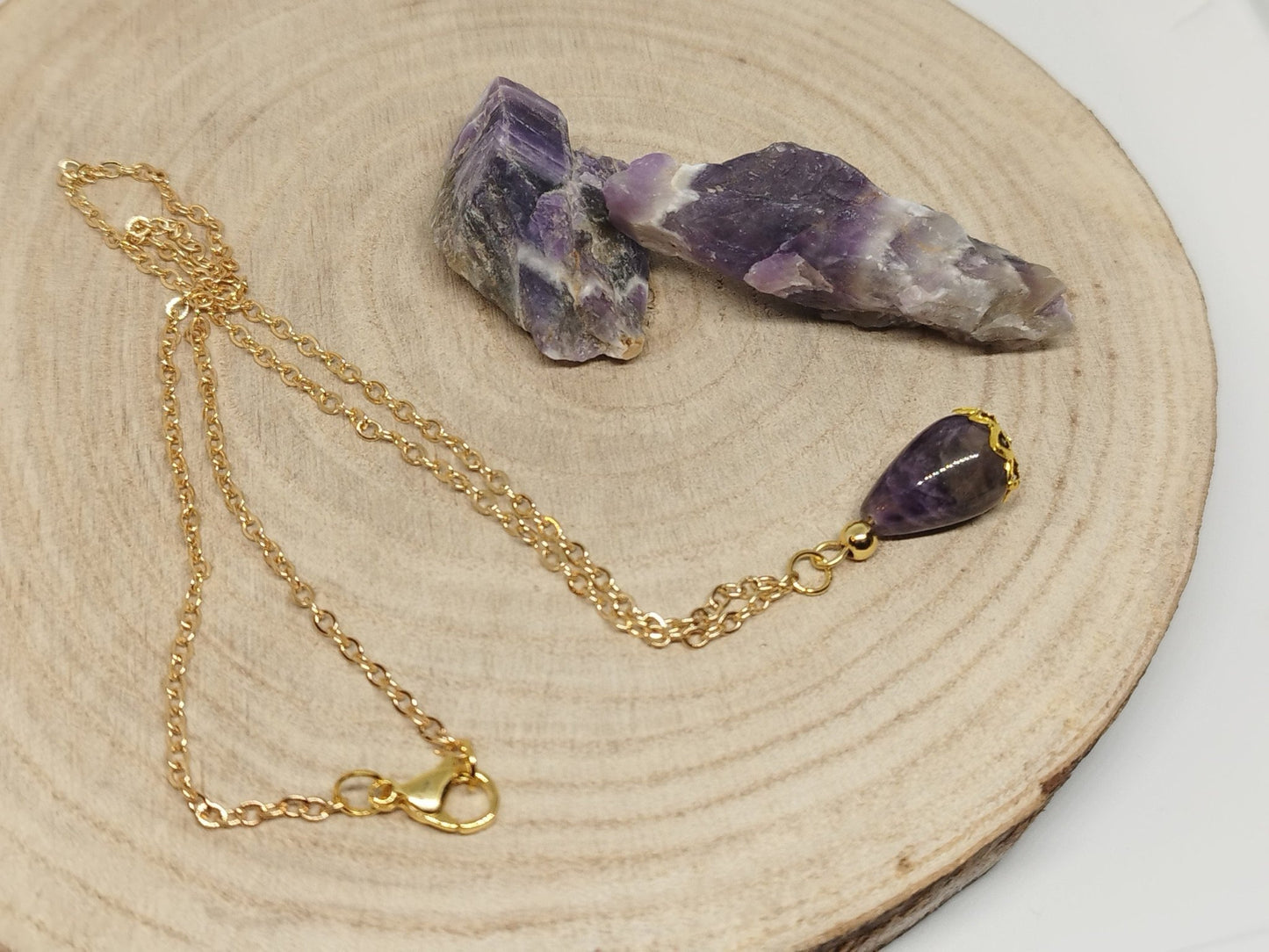 Vergoldete Heilsteinkette mit Amethystropfen - Flow of Passion