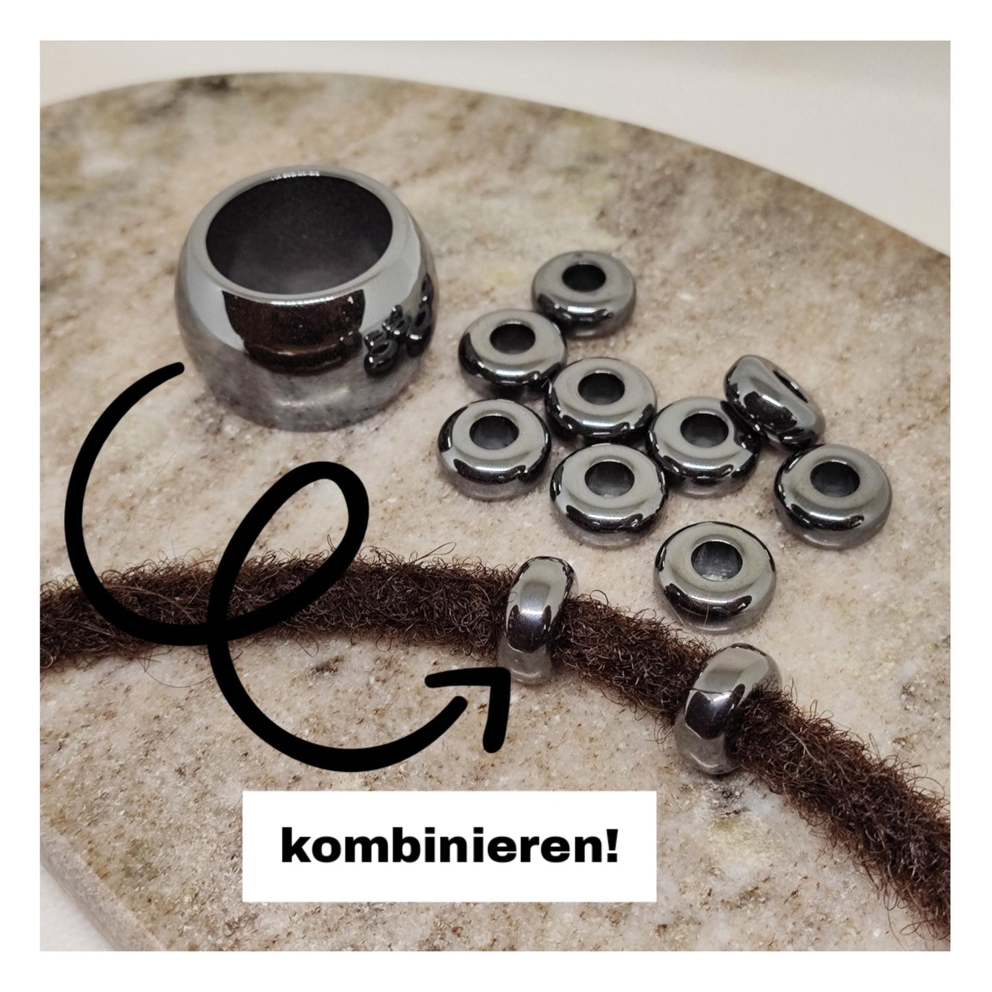 XXL Dreadperlen aus Hämatit Dreadhalter/Dreadring Edelstein - Flow of Passion