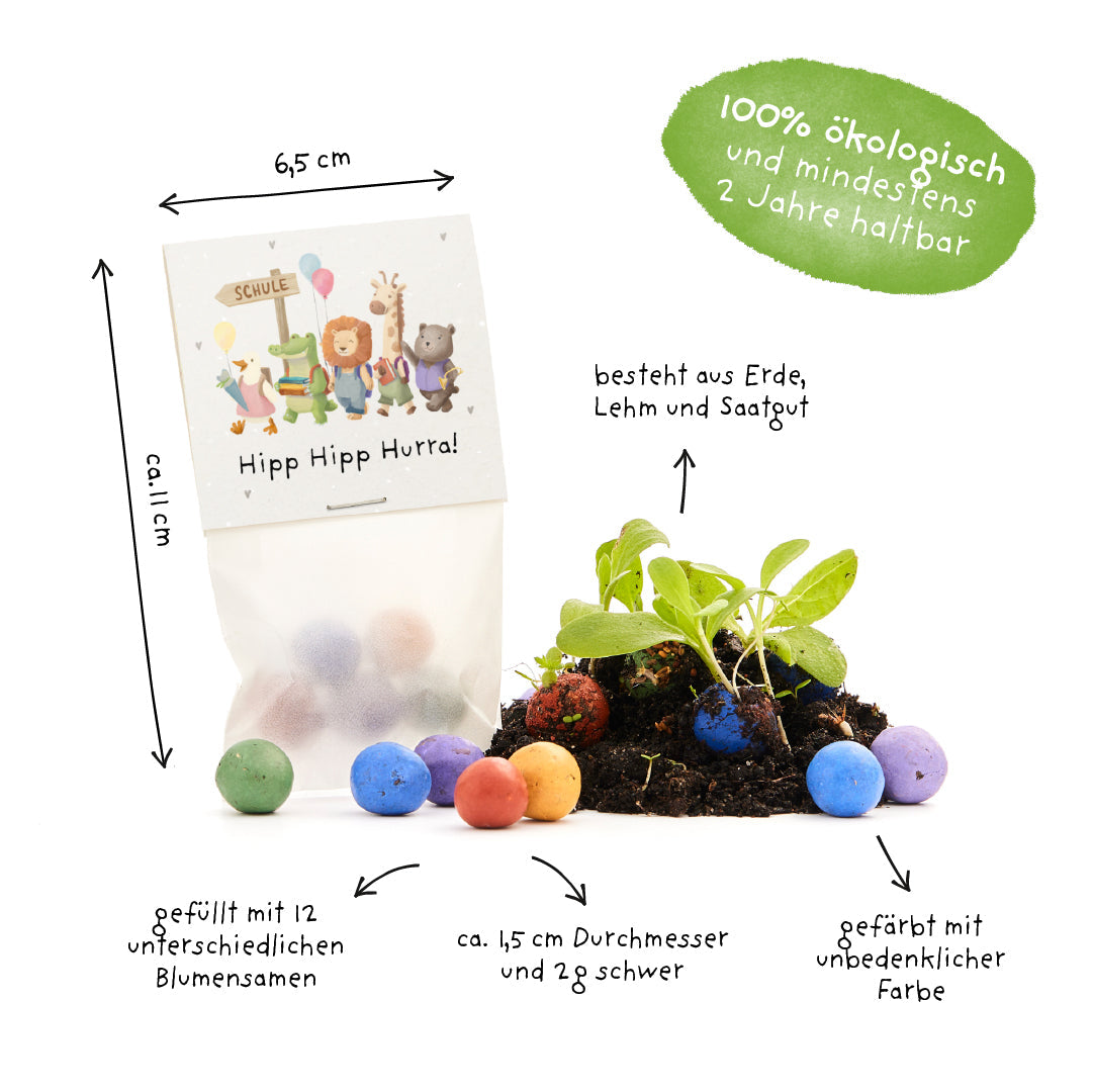 5 Blumenmurmeln im Tütchen zur Einschulung "Hipp Hipp Hurra!"