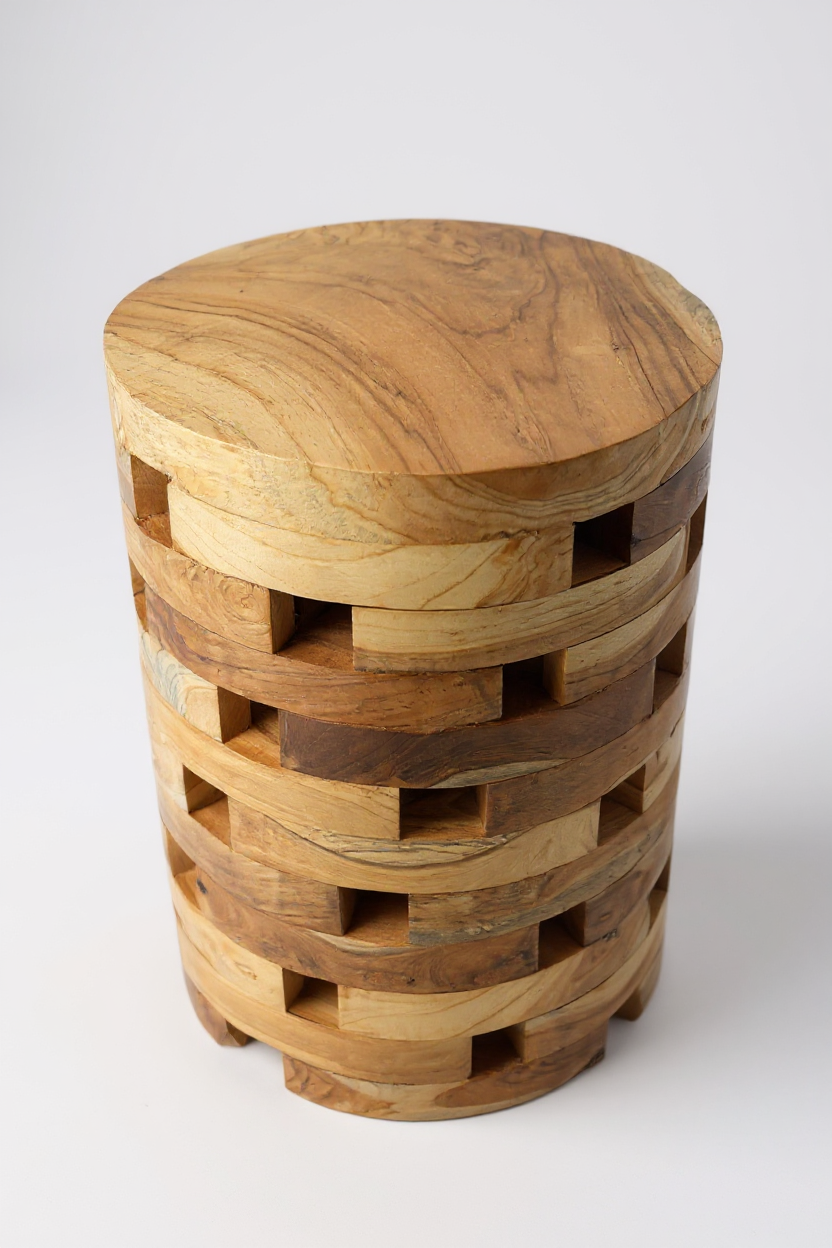 FaHome-131_Holz_Beistelltisch_-_Holzhocker_Blumenhocker_Hocker_-_Handgefertigt_-_Rund_Mosaik_Teak-Holz_-_50x30x30_cm_2 - Flow of Passion