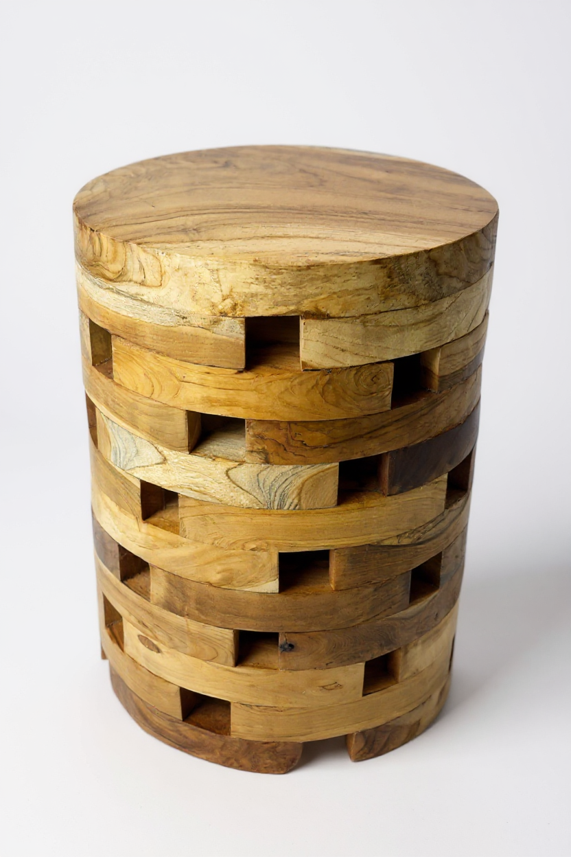 FaHome-131_Holz_Beistelltisch_-_Holzhocker_Blumenhocker_Hocker_-_Handgefertigt_-_Rund_Mosaik_Teak-Holz_-_50x30x30_cm_3 - Flow of Passion