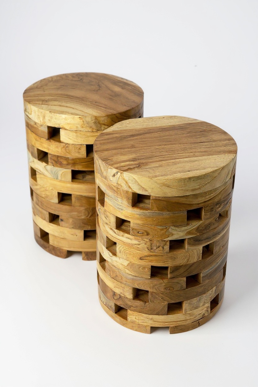 FaHome-131_Holz_Beistelltisch_-_Holzhocker_Blumenhocker_Hocker_-_Handgefertigt_-_Rund_Mosaik_Teak-Holz_-_50x30x30_cm_5 - Flow of Passion