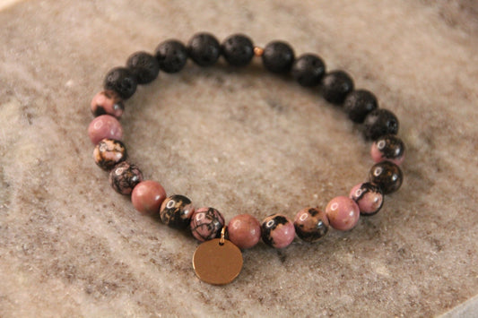 Aromaarmband aus Rhodonit und Lavastein und rosegoldfarbenen Plättchen 8mm - Flow of Passion