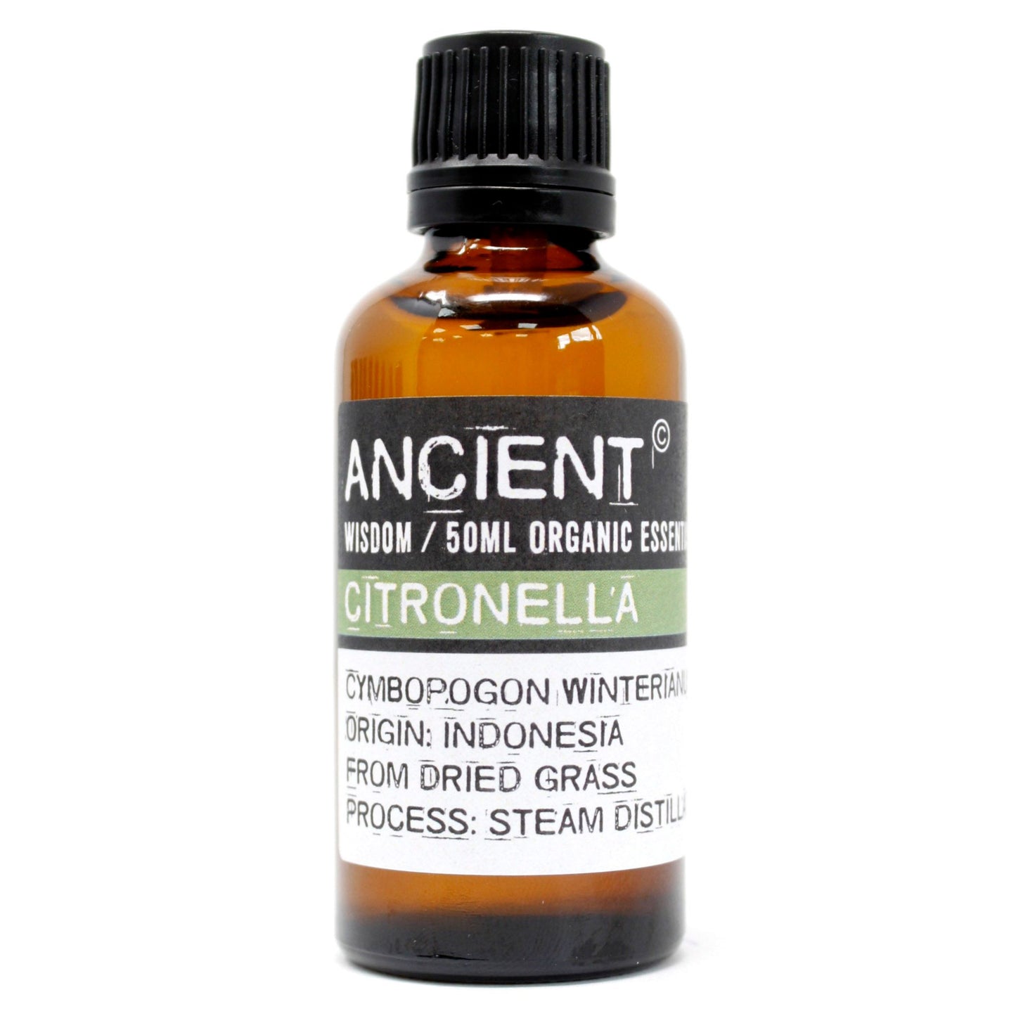 Amber glass bottle of Ancient Wisdom Citronella essential oil.