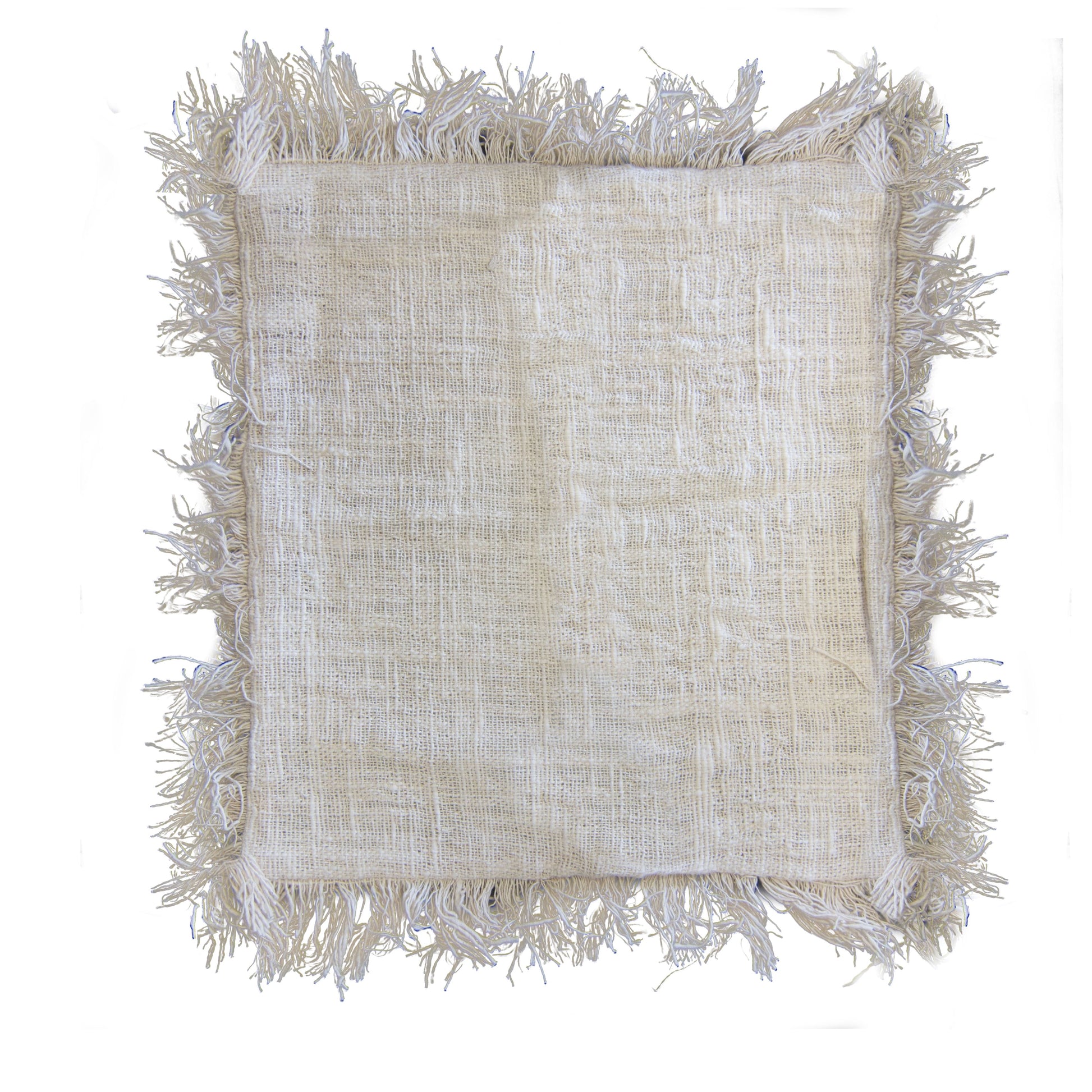 Ökologischer Leinen-Kissenbezug mit Fransen in Beige.