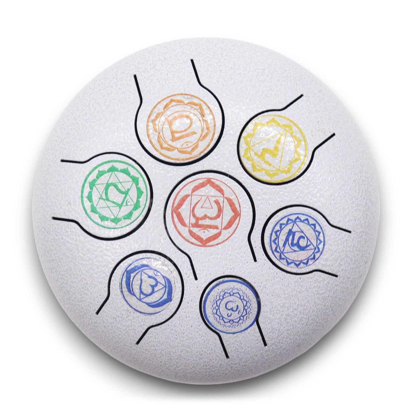 Stahlzungentrommel mit 7 Chakra-Symbolen und Om-Design.