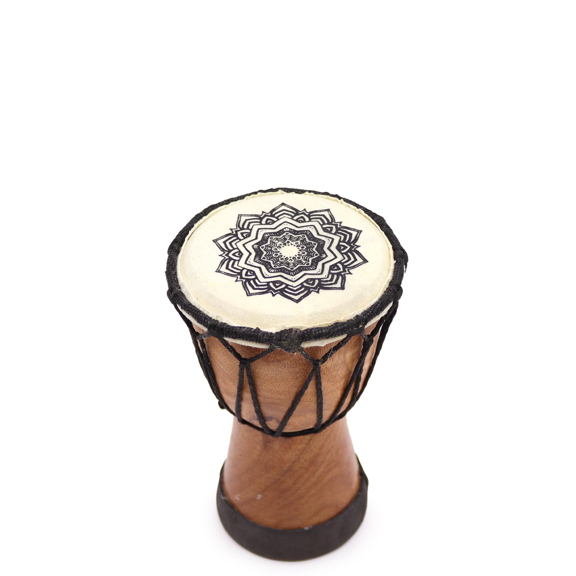 Handmade wide top djembe drum with a mandala symbol.