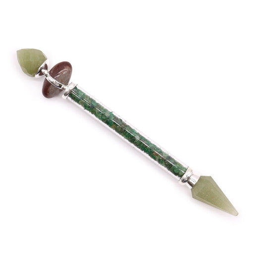 Shiva Lingam wand with green aventurine and brown stones.