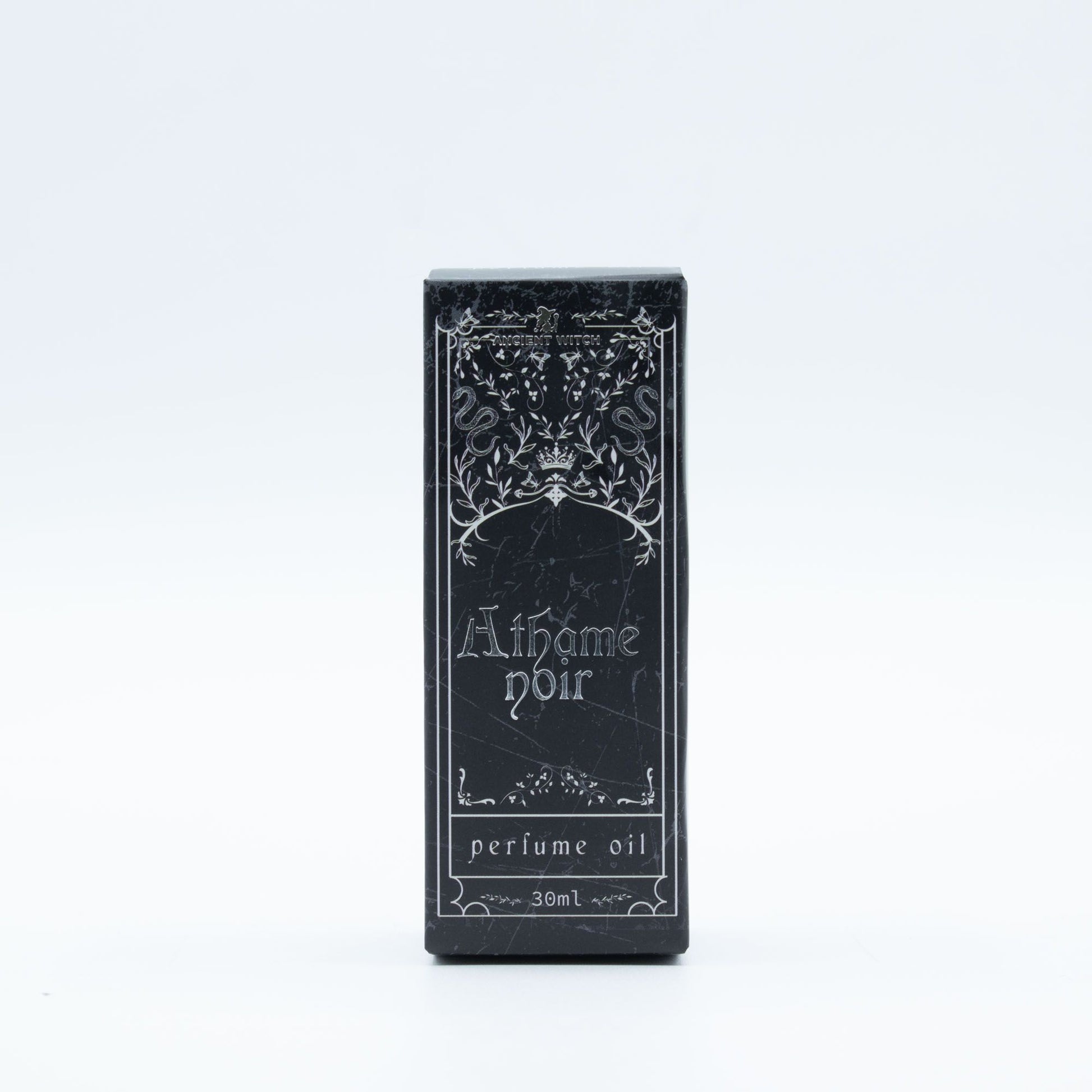 Ancient Witch Athame Noir perfume oil in a black bottle.