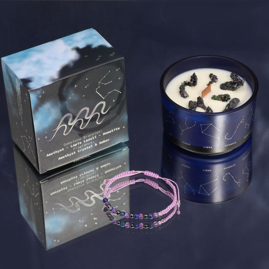 Sternzeichen-Kristallkerze Wassermann mit Edelsteinarmband aus Amethyst, Lapislazuli und Hämatit.