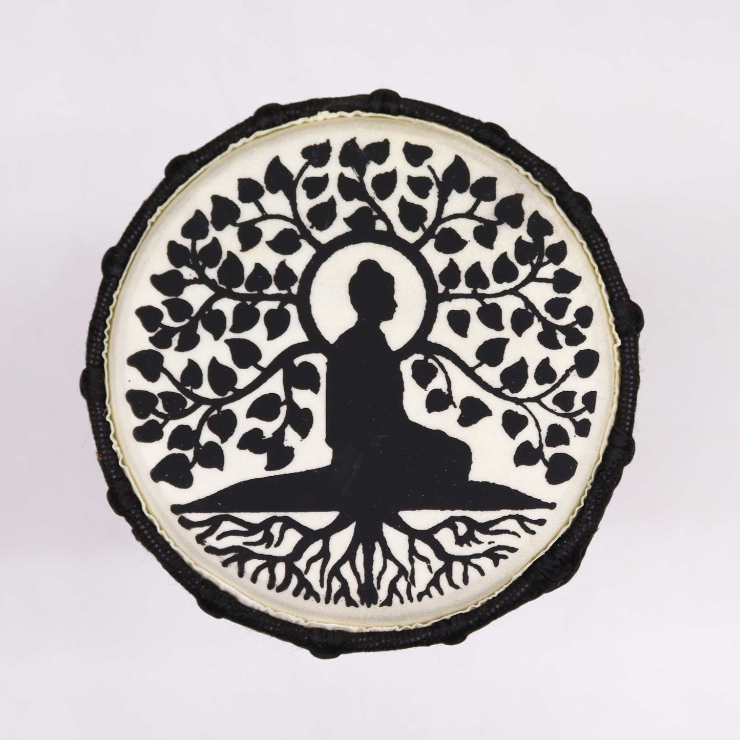Handmade djembe drum with a black and white Buddha tree design.