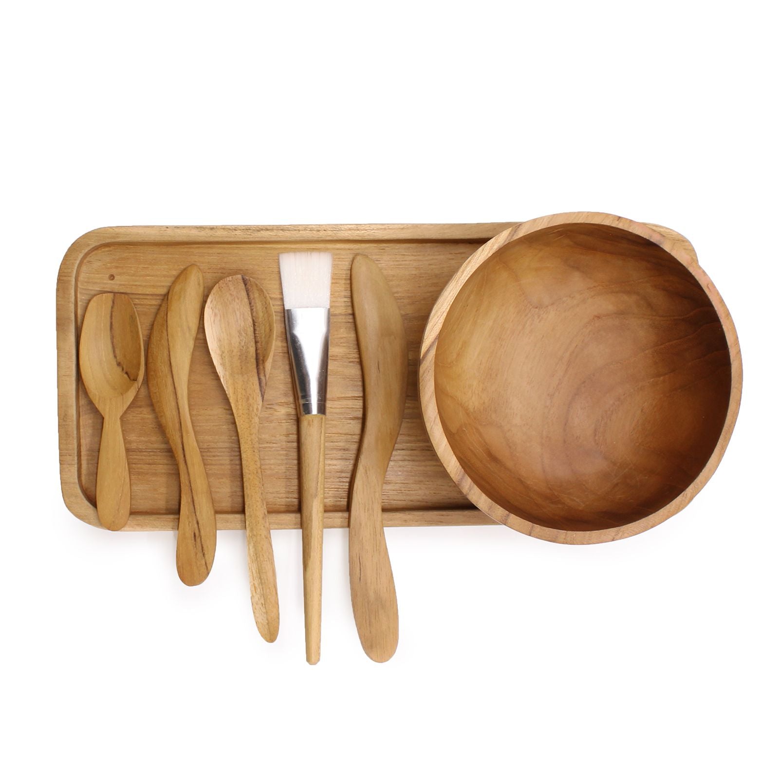 Teakholz-Spa-Set mit Schale, Tablett und Holzutensilien.