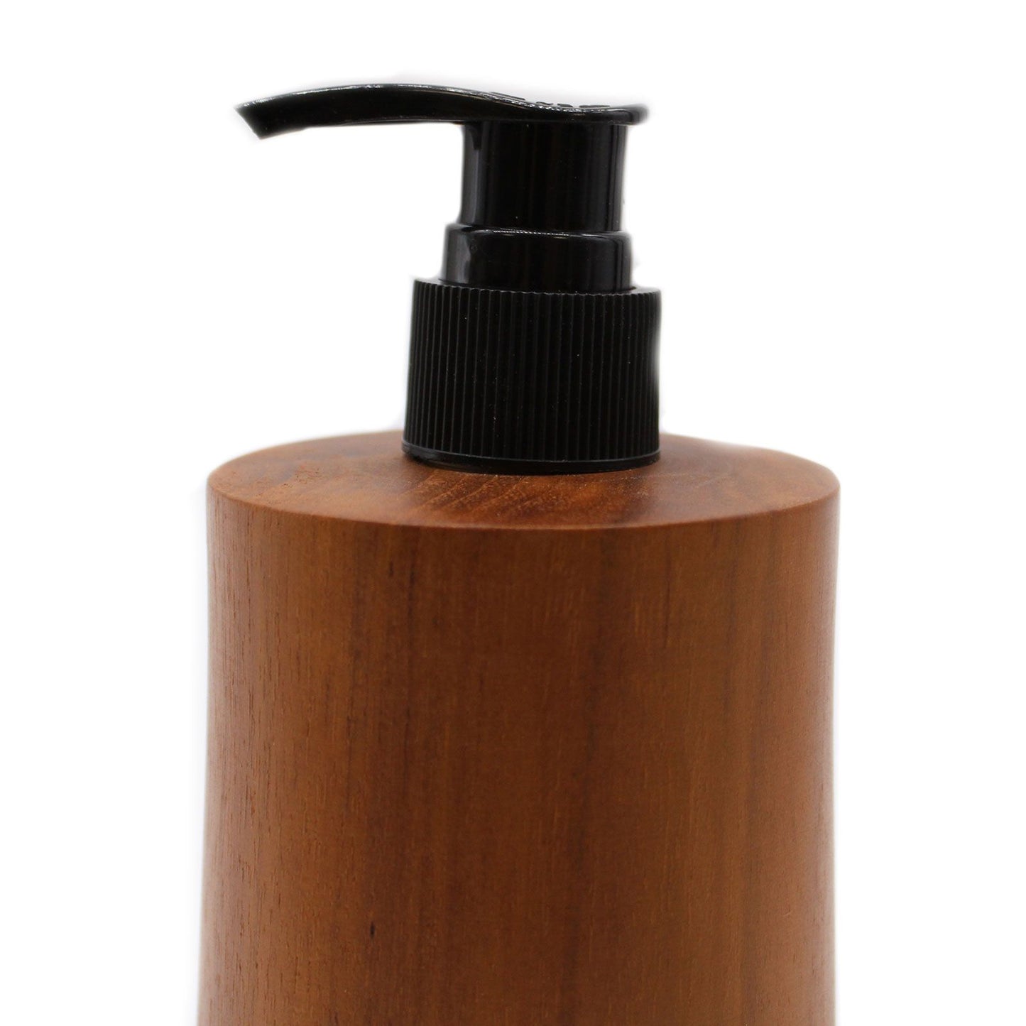 Natural teakwood soap dispenser with a black pump.