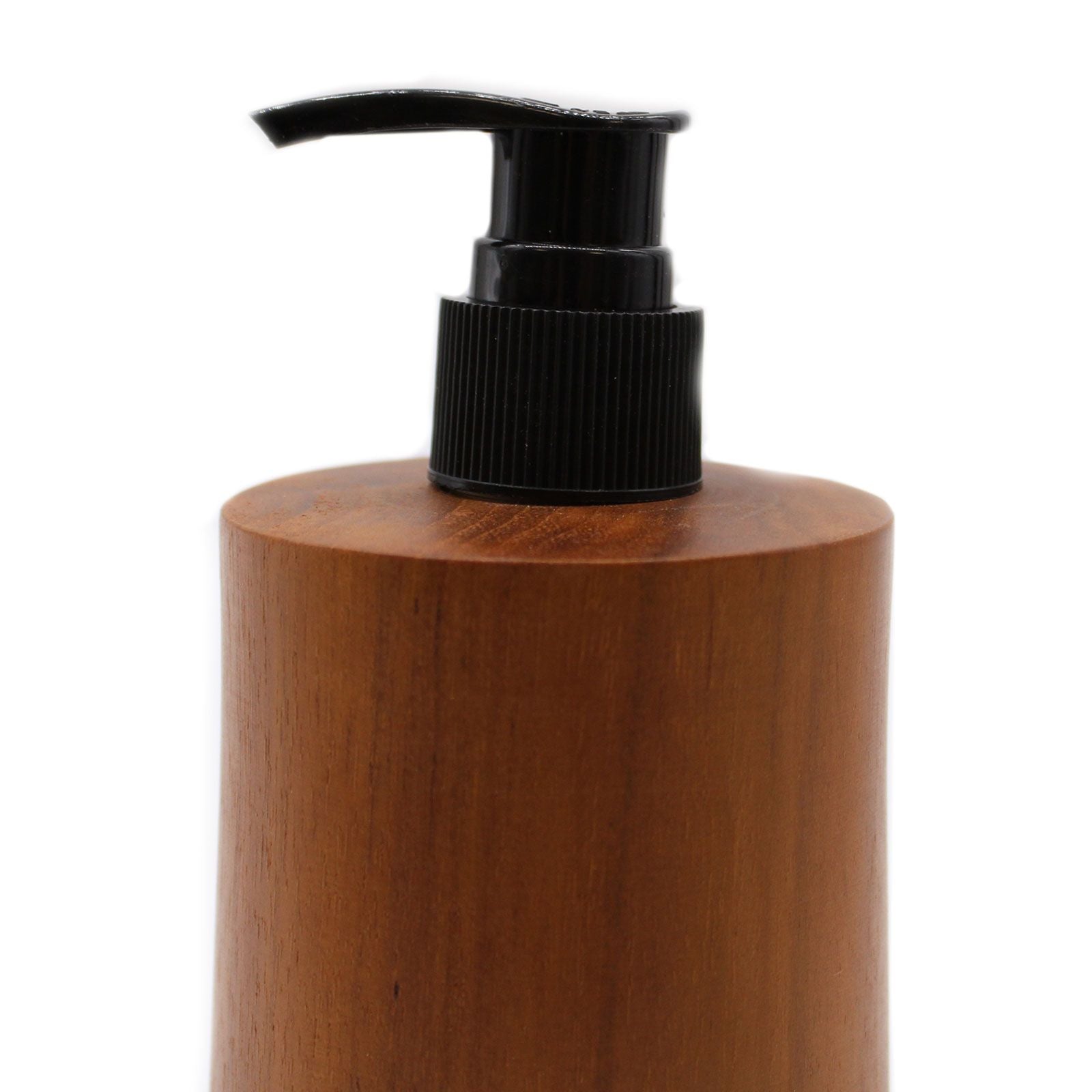 Natural teakwood soap dispenser with a black pump.