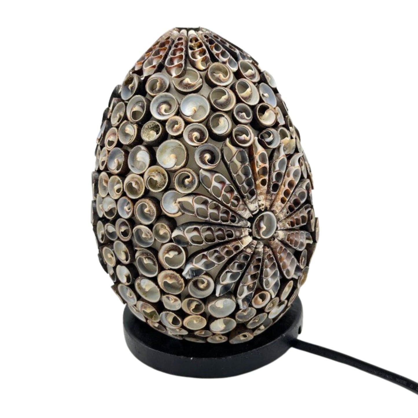Oval lamp covered in small, curled seashells with a floral pattern on one side.