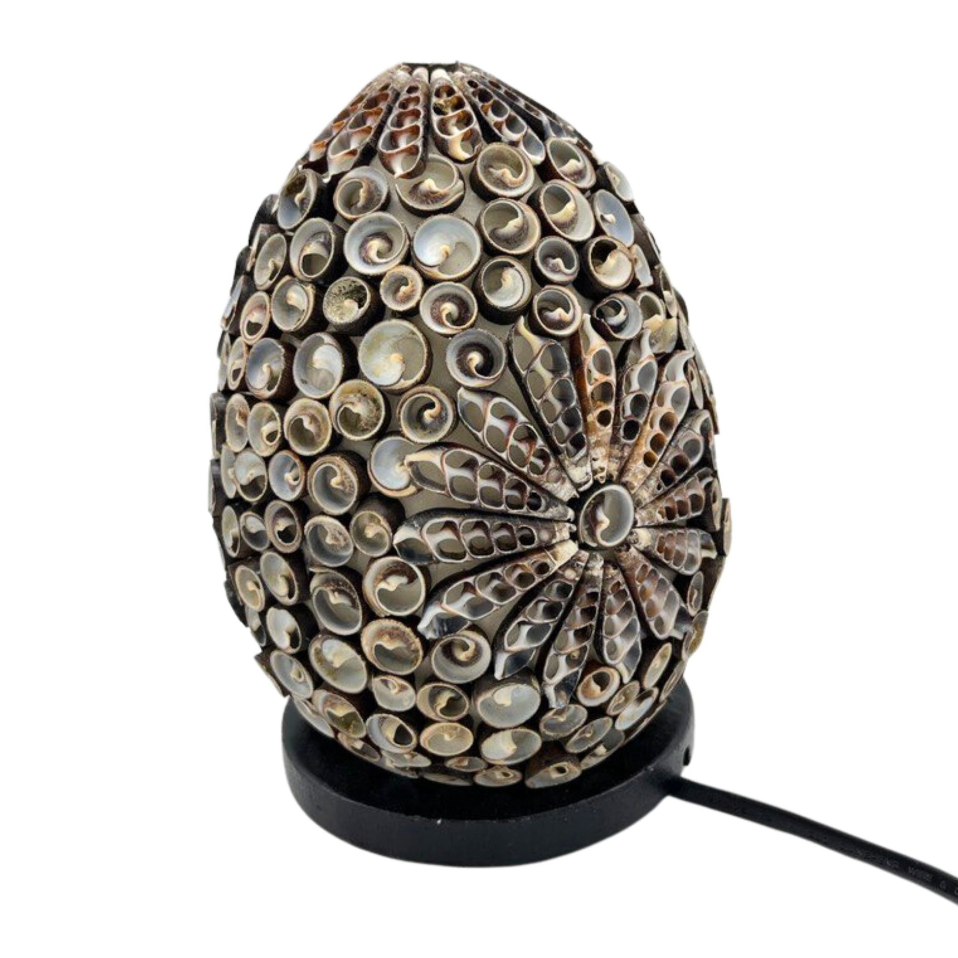 Oval lamp covered in small, curled seashells with a floral pattern on one side.