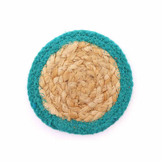 Round jute coaster with a teal border.