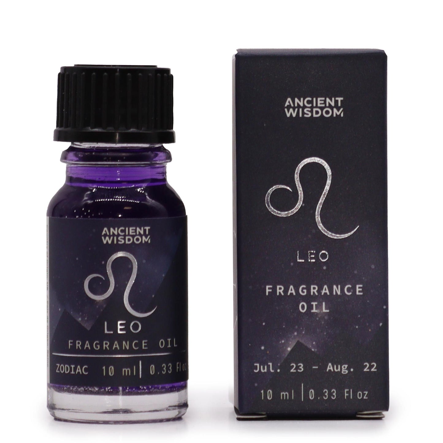 Sternzeichen-Duftöl 10ml Löwe in violetter Flüssigkeit mit schwarzer Verpackung.
