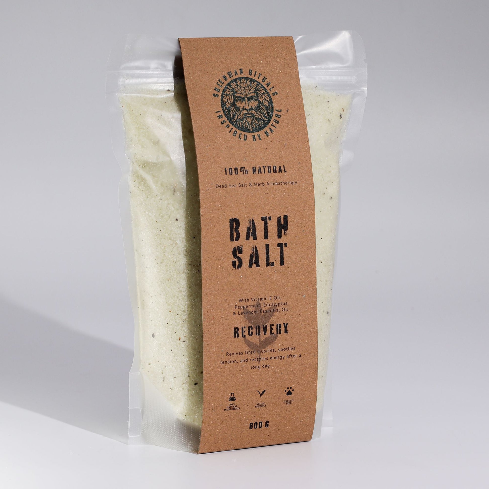 Greenman Rituals Recovery bath salt in a clear pouch with a brown label.