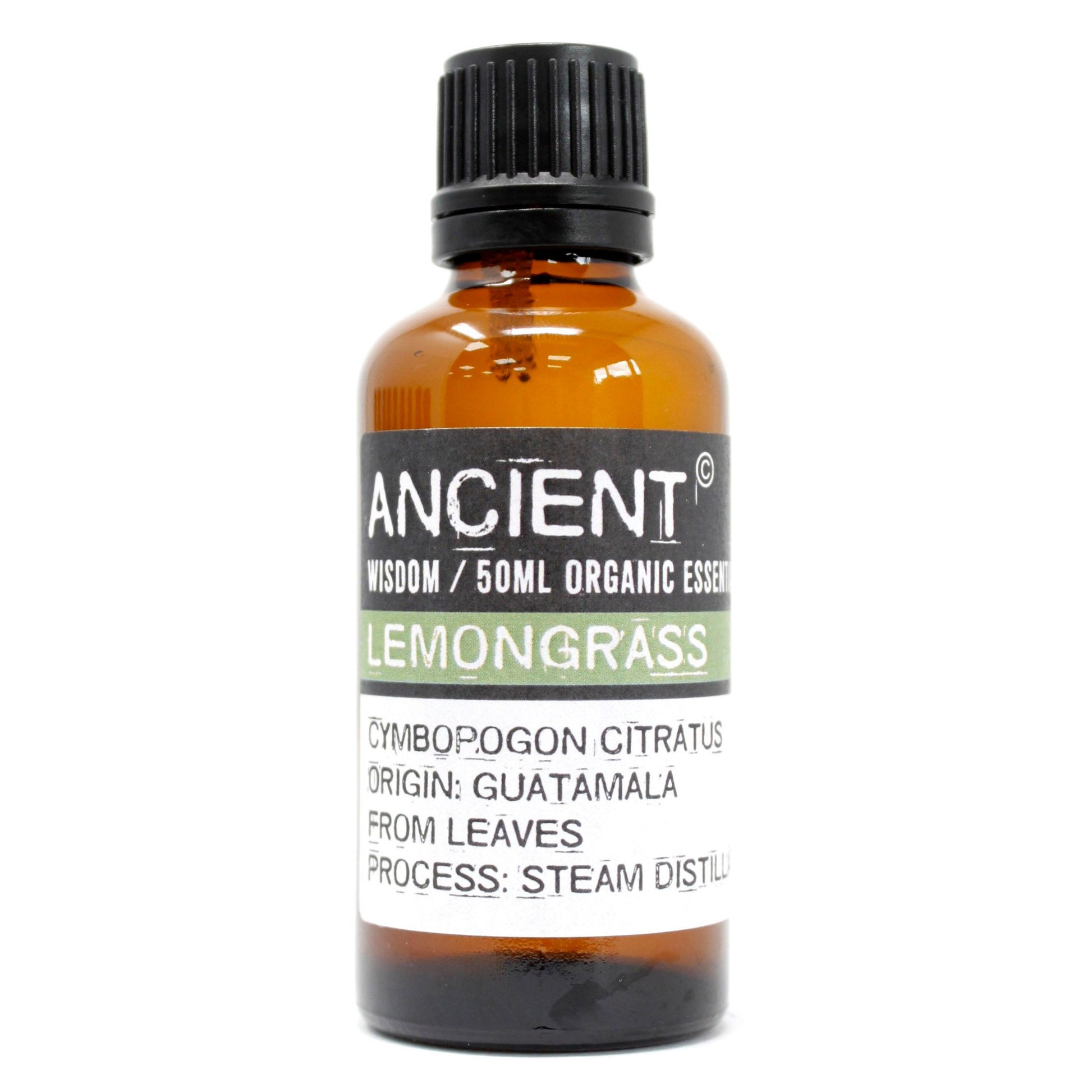 Eine bernsteinfarbene Flasche mit Lemongrass Bio 50ml ätherischem Öl.