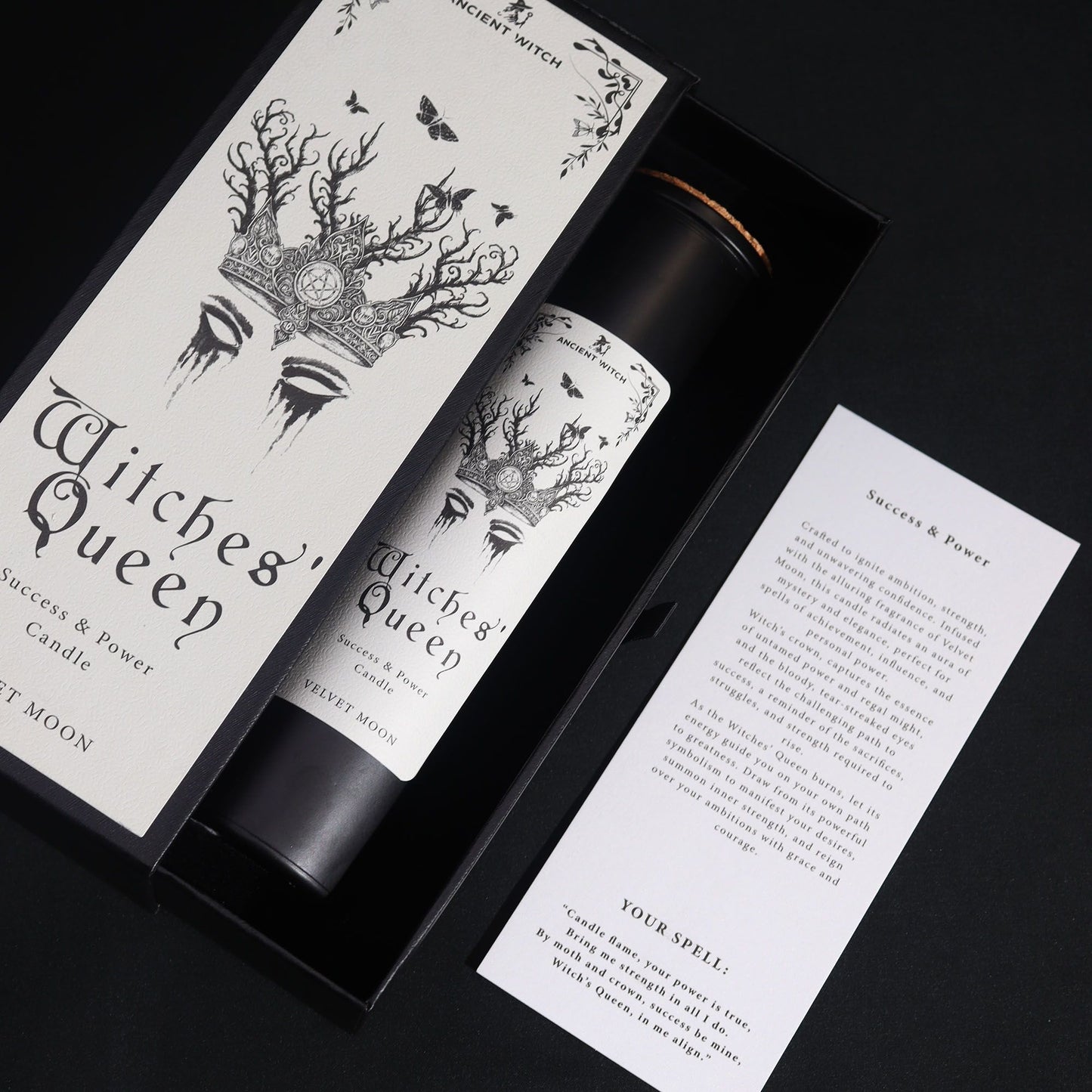 Ancient Witch Witches' Queen candle in a gift box with a spell card.