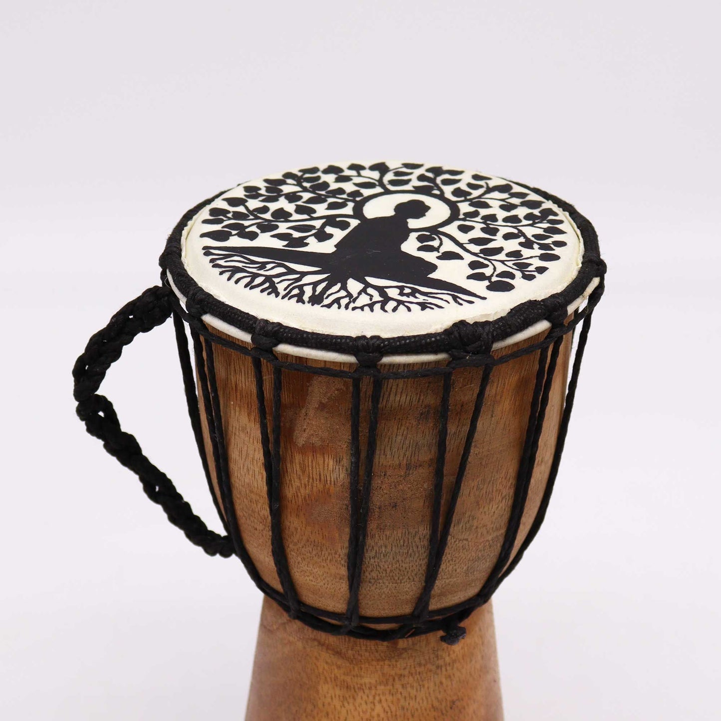 Handmade wide top djembe drum with a Buddha tree design.
