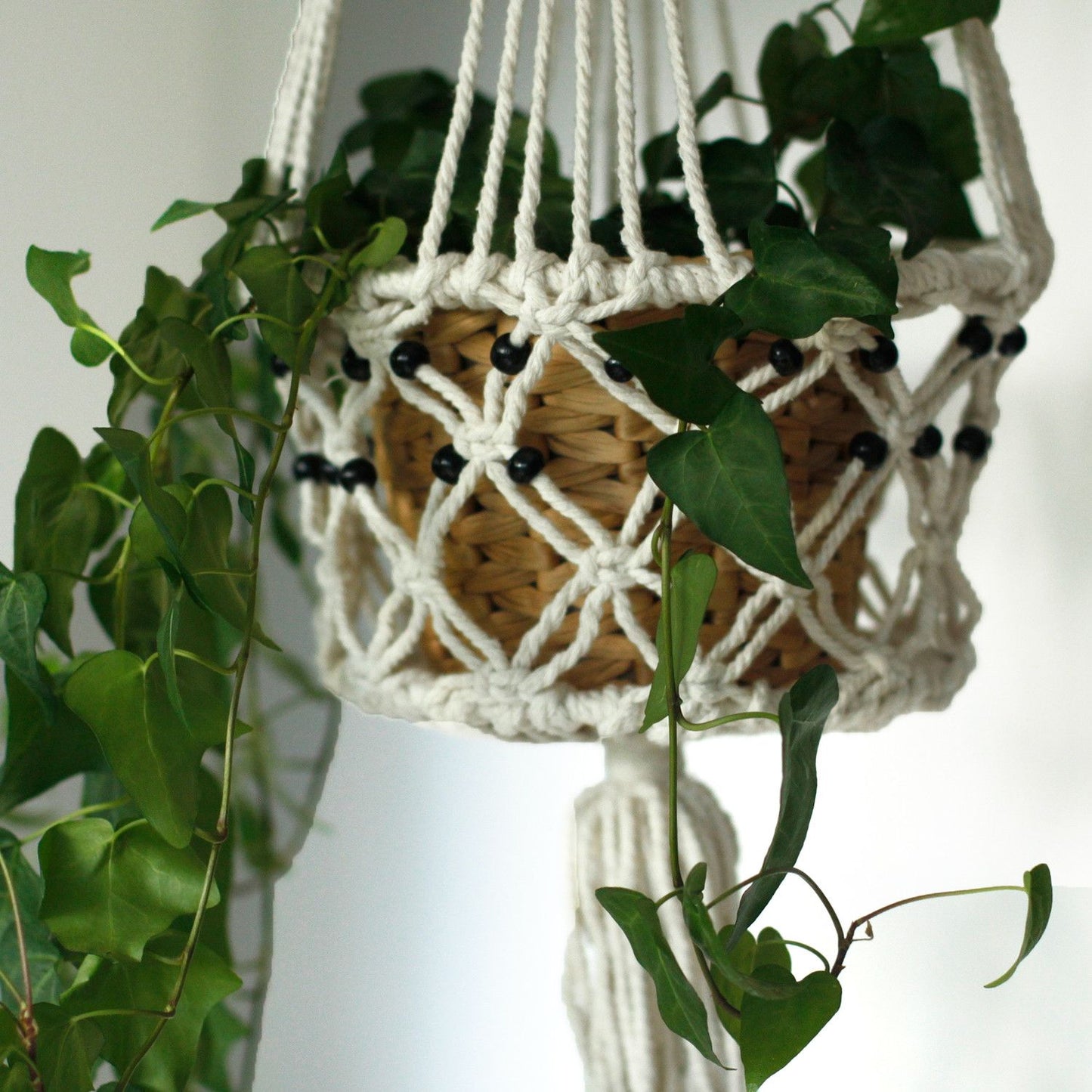 Großer Makramee-Blumentopfhalter mit schwarzen Perlen und grüner Pflanze.