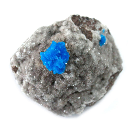 A rough grey rock with bright blue cavensite crystals.