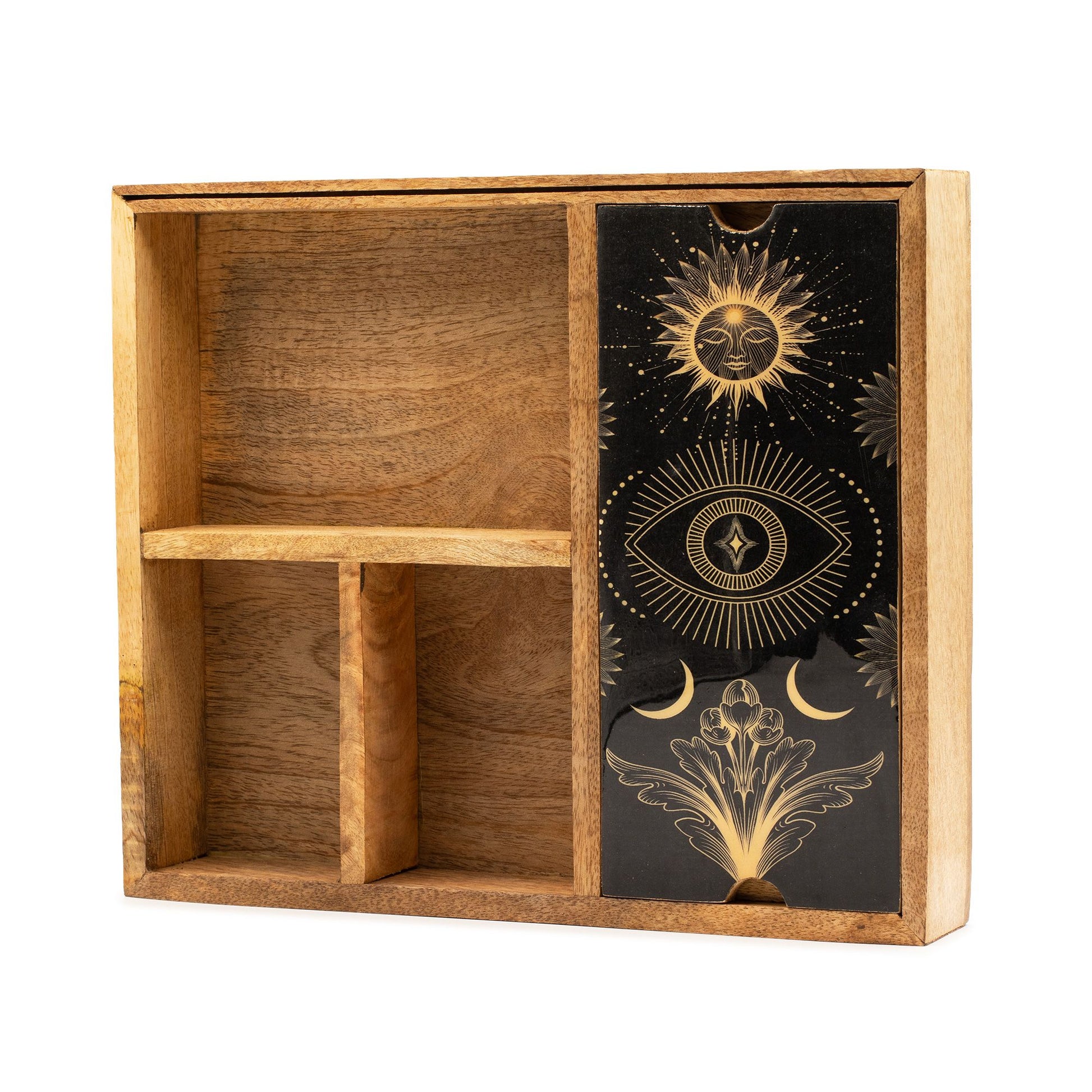 Holzbox mit 4 Fächern und Tarotkartenhalter, verziert mit Sonne, Auge und Mond.