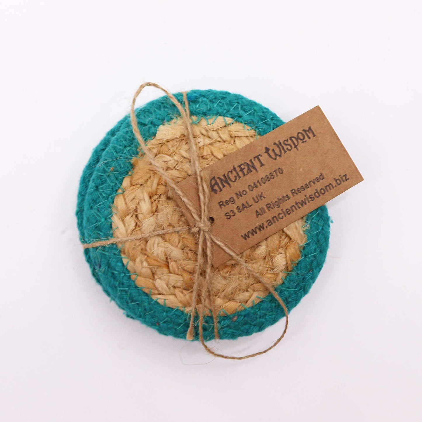Set of four teal-bordered jute and cotton coasters tied with twine.
