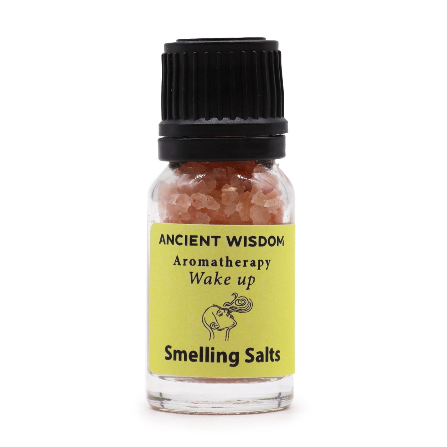 A small glass bottle of pink smelling salts with a yellow label that says "ANCIENT WISDOM Aromatherapy Wake up Smelling Salts".