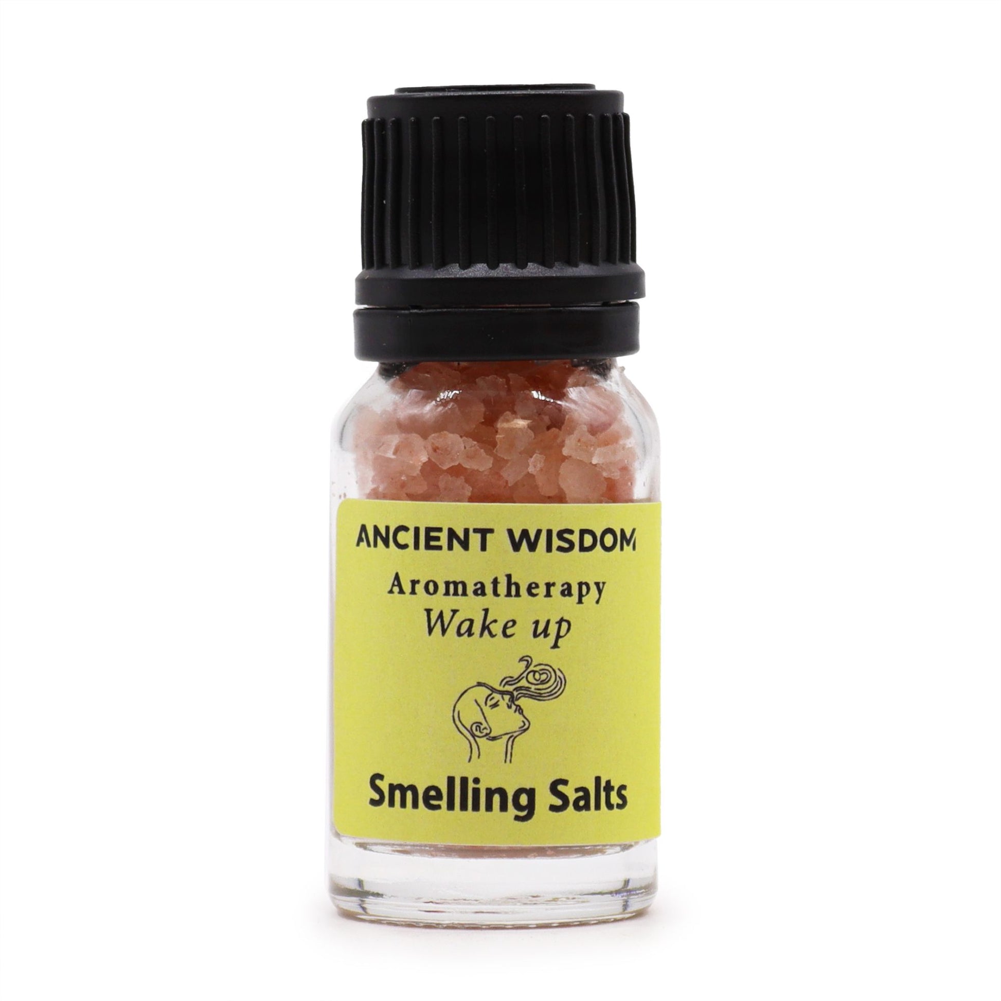 A small glass bottle of pink smelling salts with a yellow label that says "ANCIENT WISDOM Aromatherapy Wake up Smelling Salts".