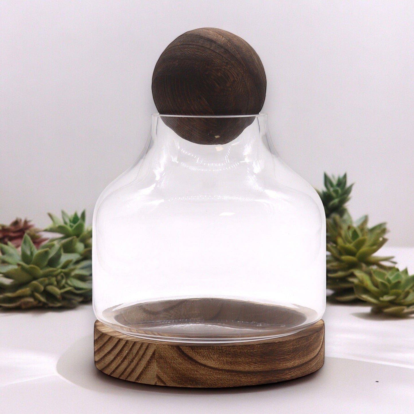 Glass terrarium with a dark wood ball top and base, surrounded by succulents.