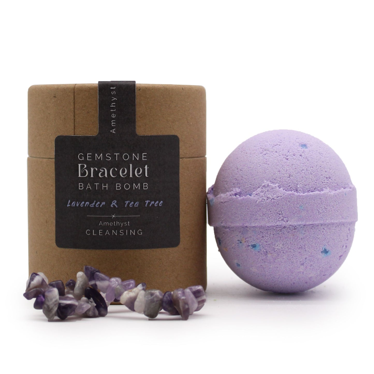 Badebombe mit Amethyst-Edelsteinarmband, Duft Lavendel & Teebaum.