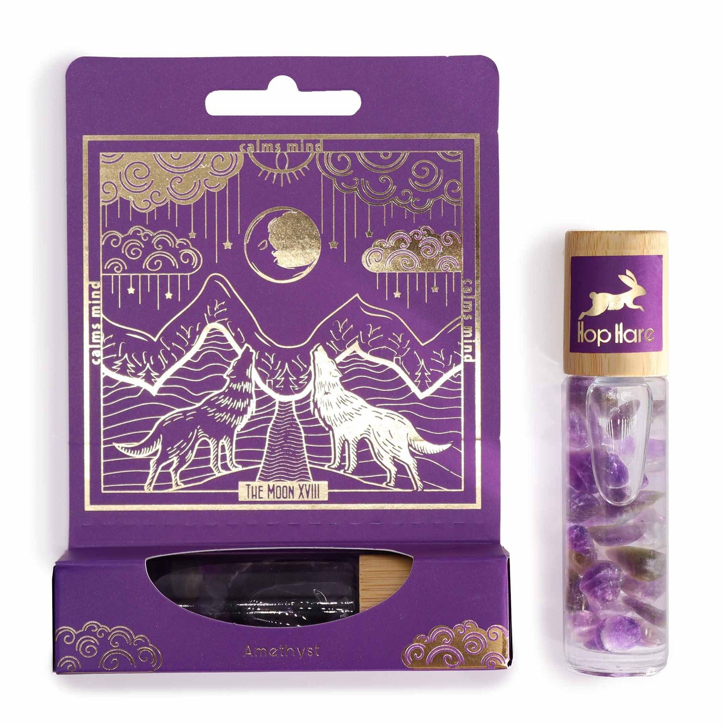Roll-On Flasche mit Amethyst-Splittern und Lavendelduft auf lila Verpackung.
