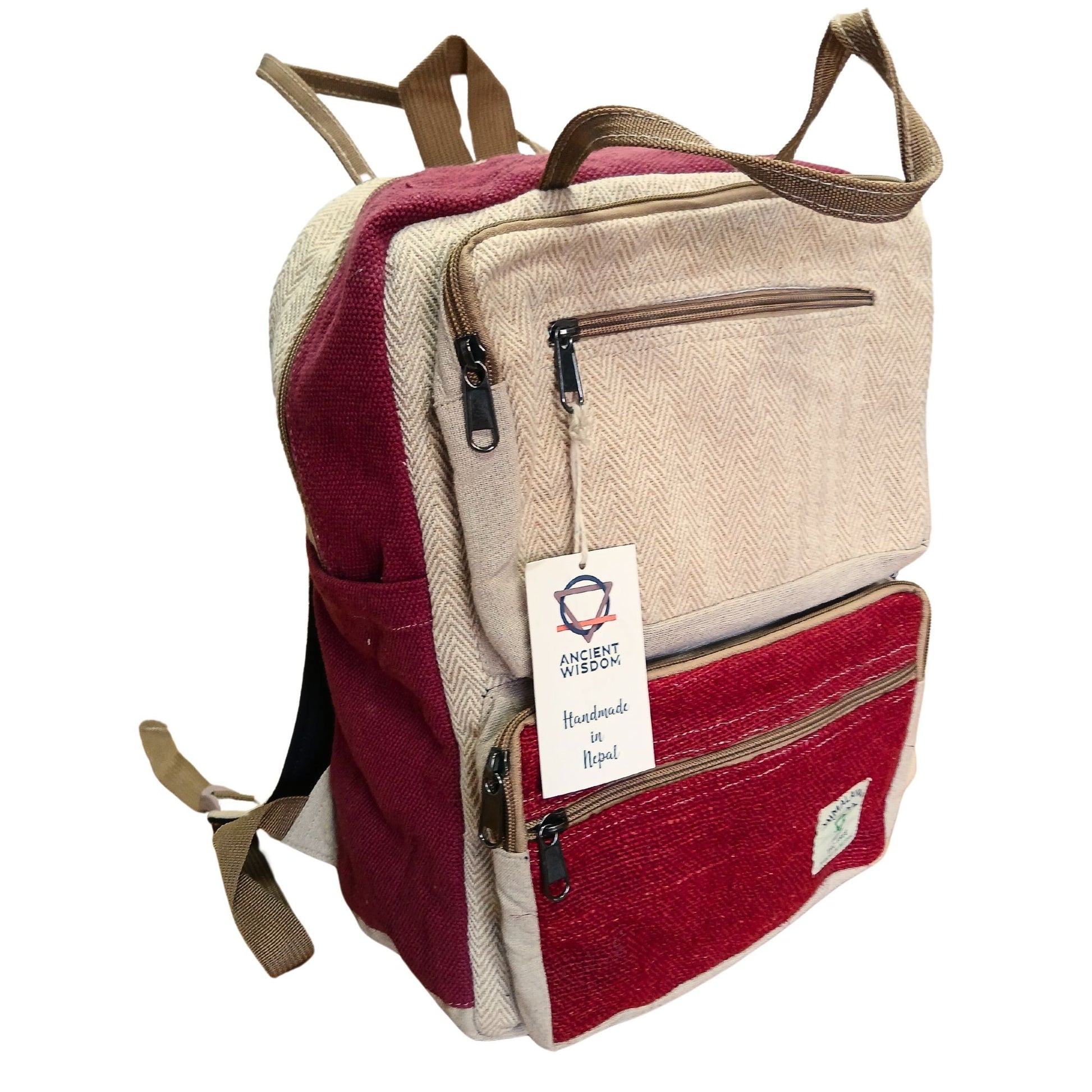 Großer Hanfrucksack in Weinrot und Creme, handgefertigt in Nepal.