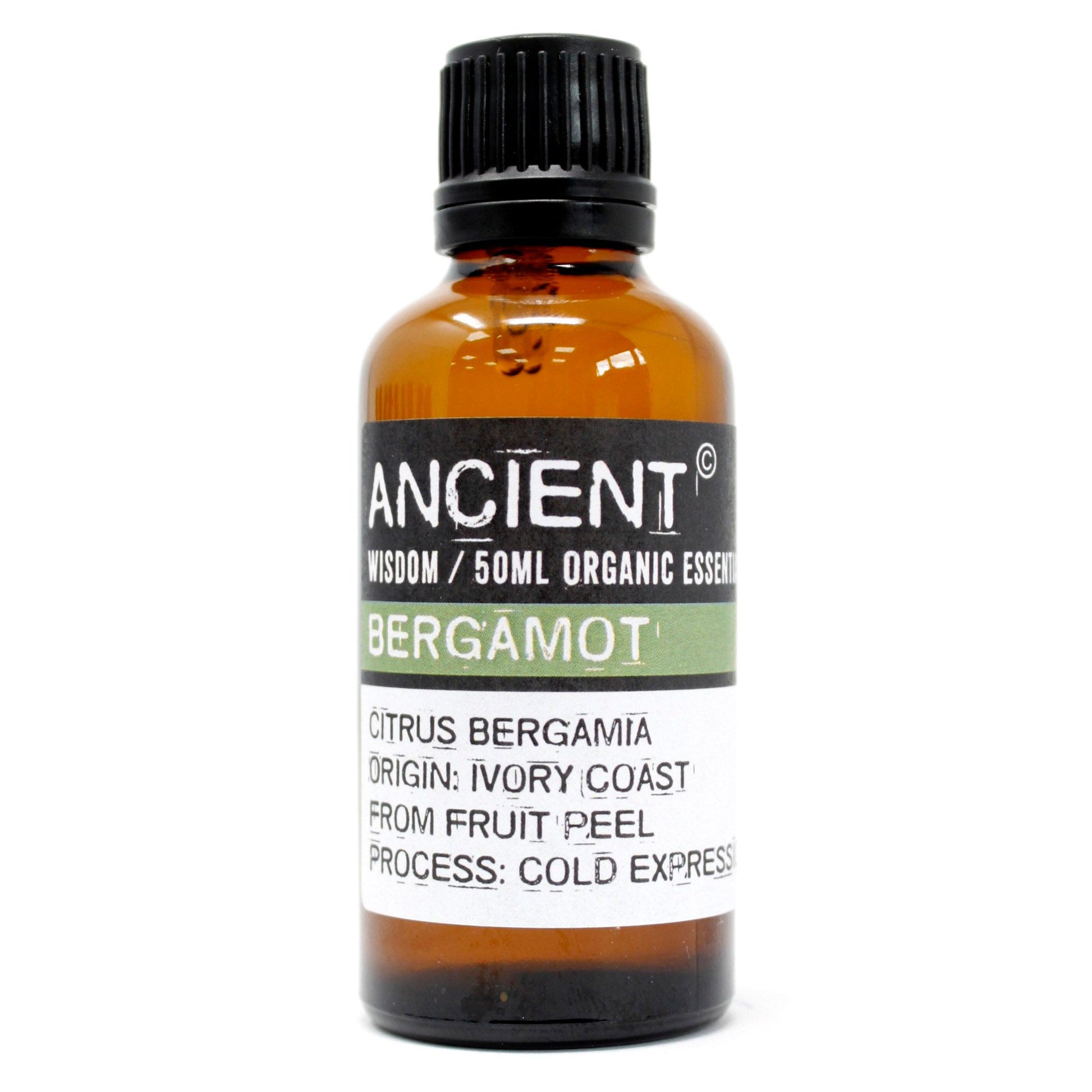 Amber glass bottle of Bergamot essential oil with a black cap.