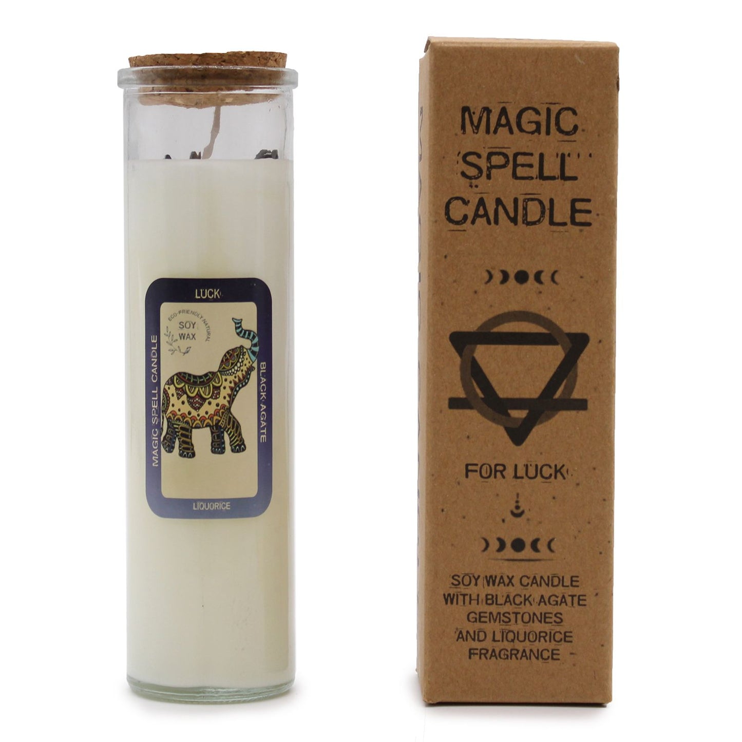 Ritualkerze für Glück mit Elefantenmotiv, Sojawachs und schwarzemachat.