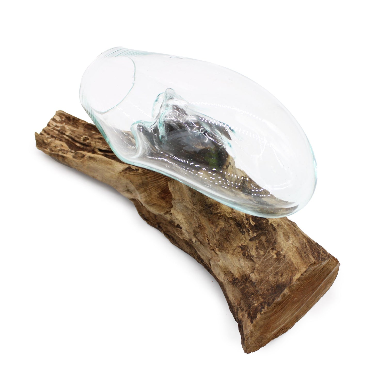 Mundgeblasene Glas-Schale auf Wurzelholz, handgefertigt in Bali.
