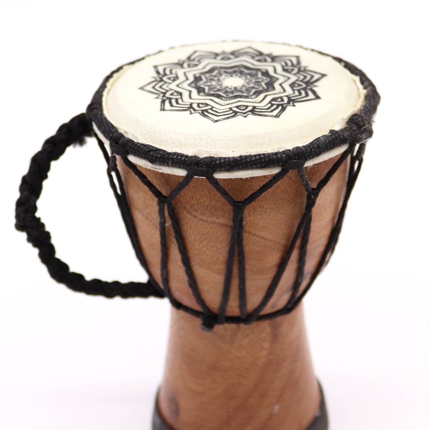 Handmade wide top djembe drum with a mandala symbol.
