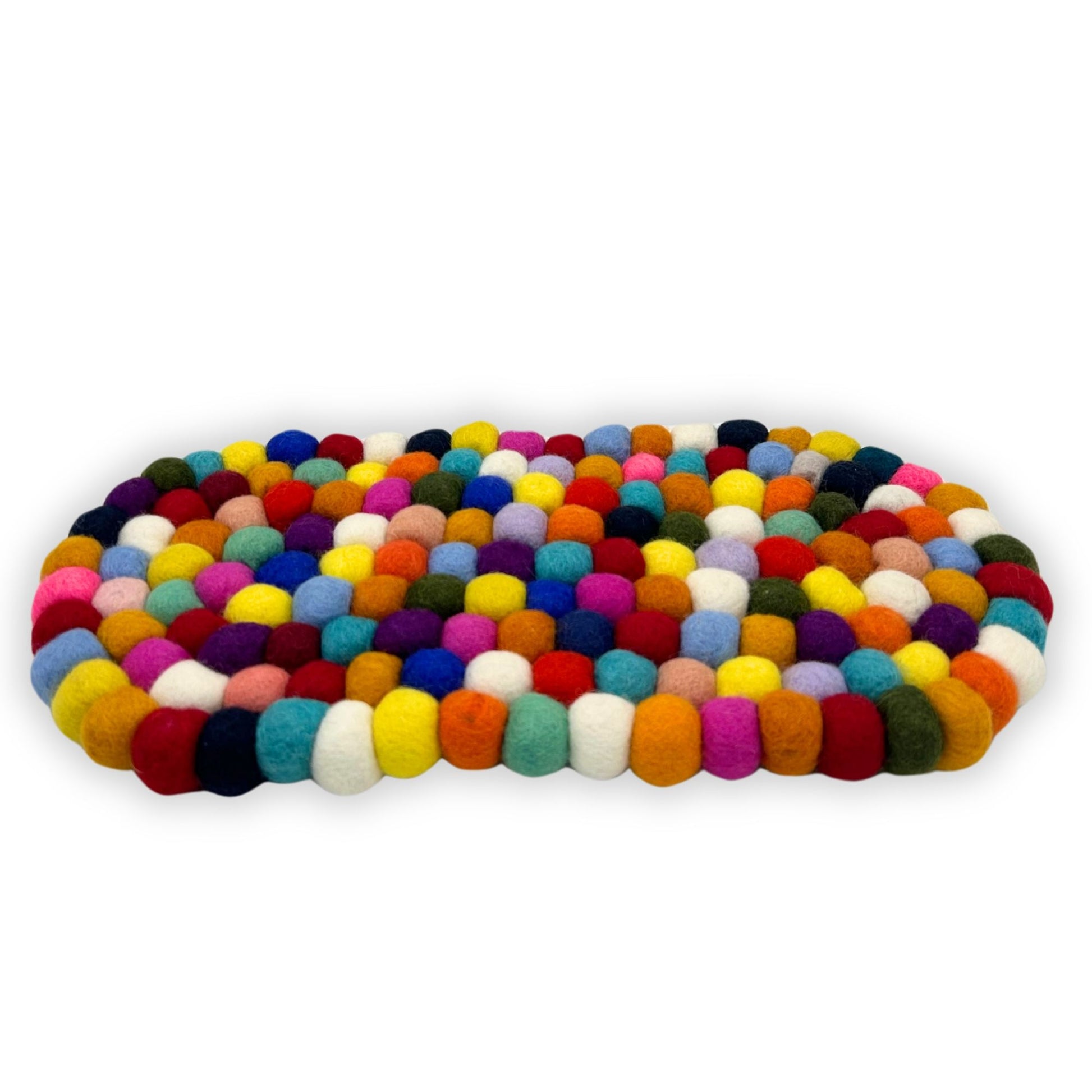 Oval multi-colored felt ball mat.