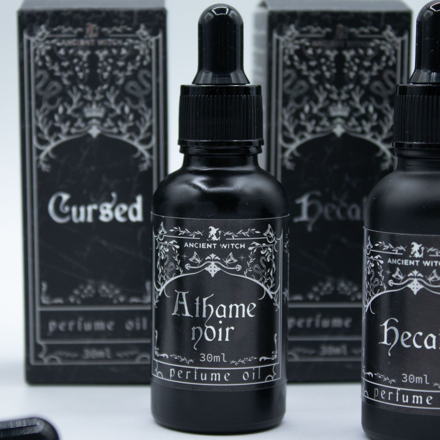 Black perfume oil bottle labeled "Athame Noir" by Ancient Witch.