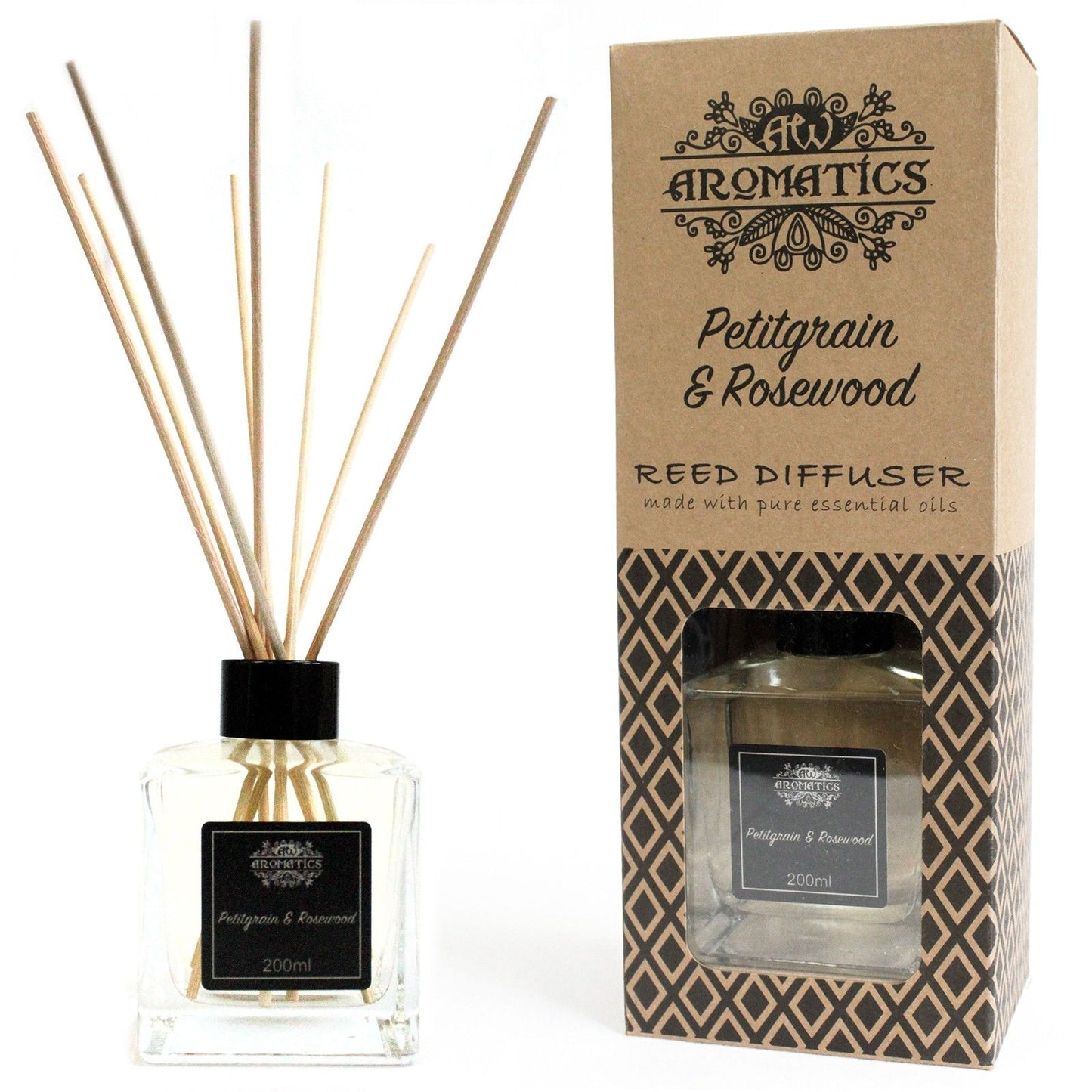 200ml Raumduft Petitgrain & Rosewood mit Rattanstäbchen in Glasflasche.