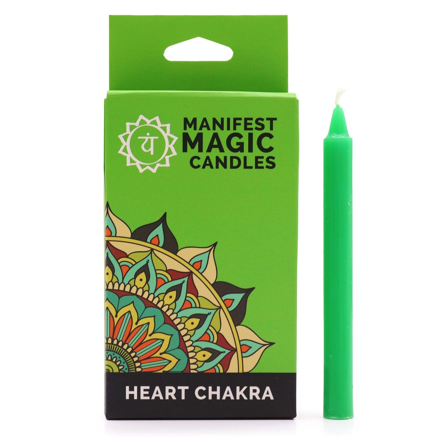 Grüne Manifestationskerze mit Herz Chakra Symbol auf der Verpackung.