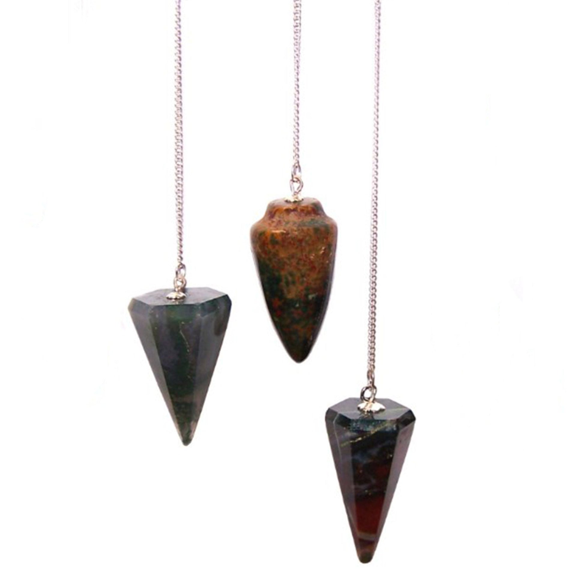 Three bloodstone pendulums hang from silver chains against a white background.