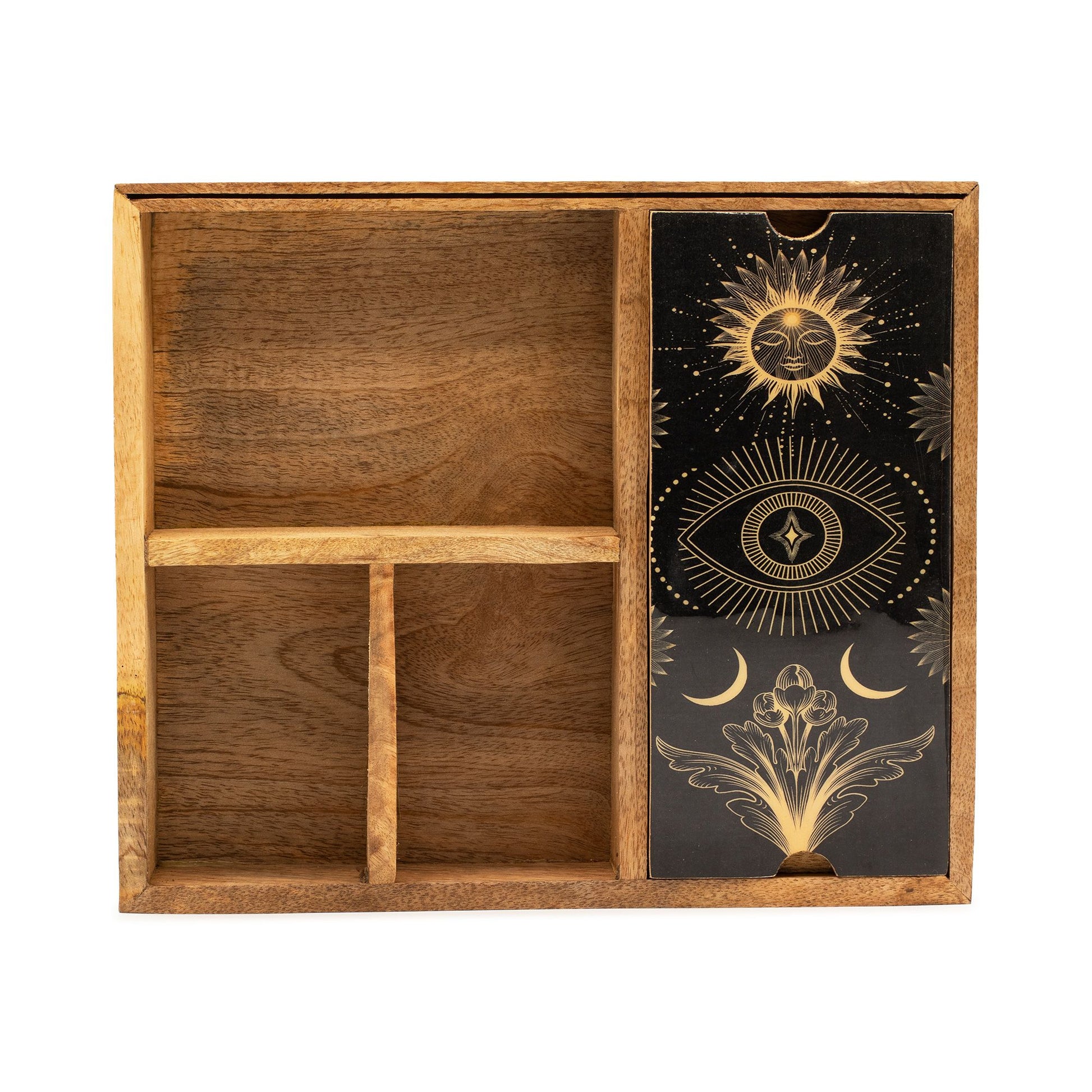 Holzbox mit 4 Fächern und Tarotkartenhalter, verziert mit Sonne, Auge und Mond.