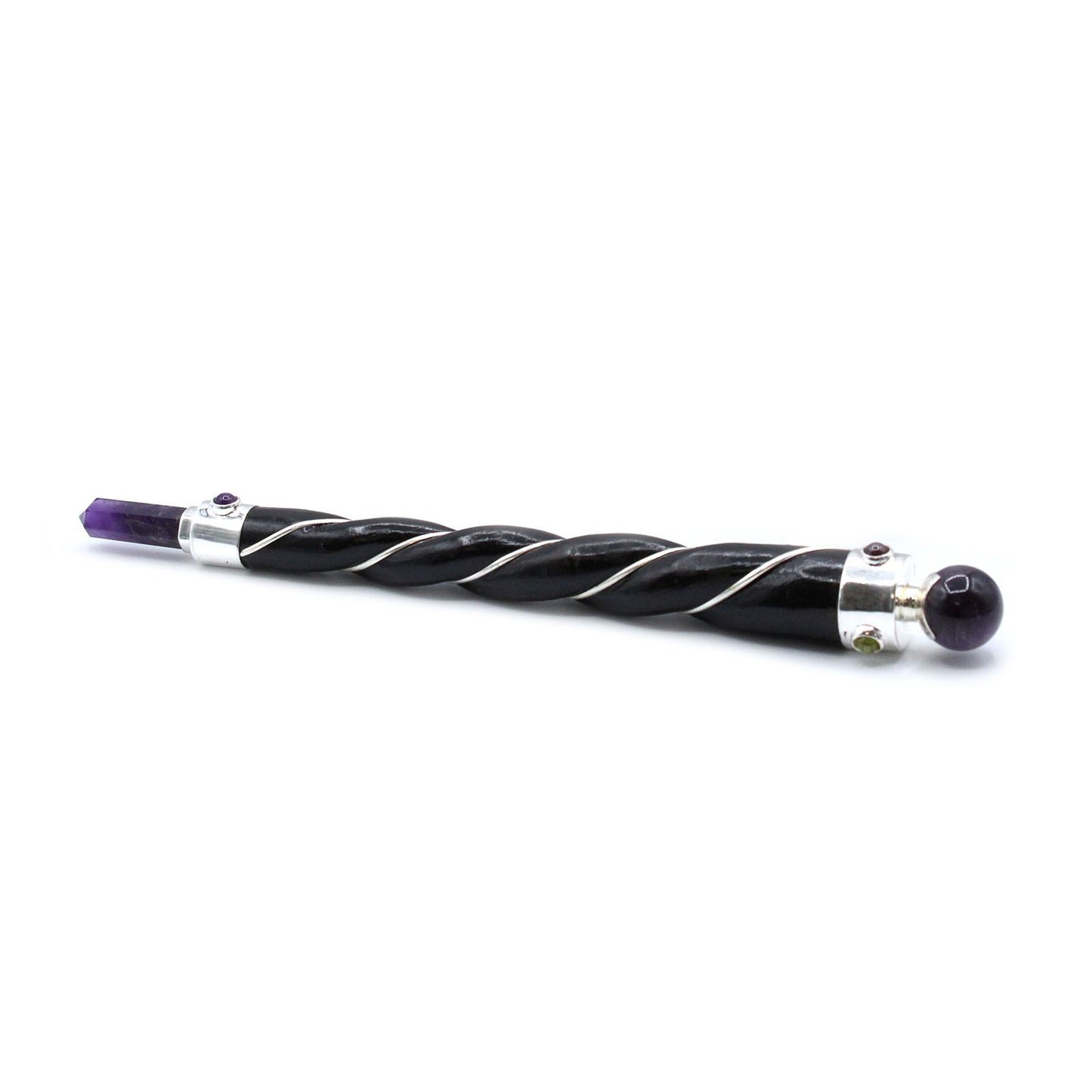 Twisted healing wand with silver, amethyst point, and amethyst sphere.