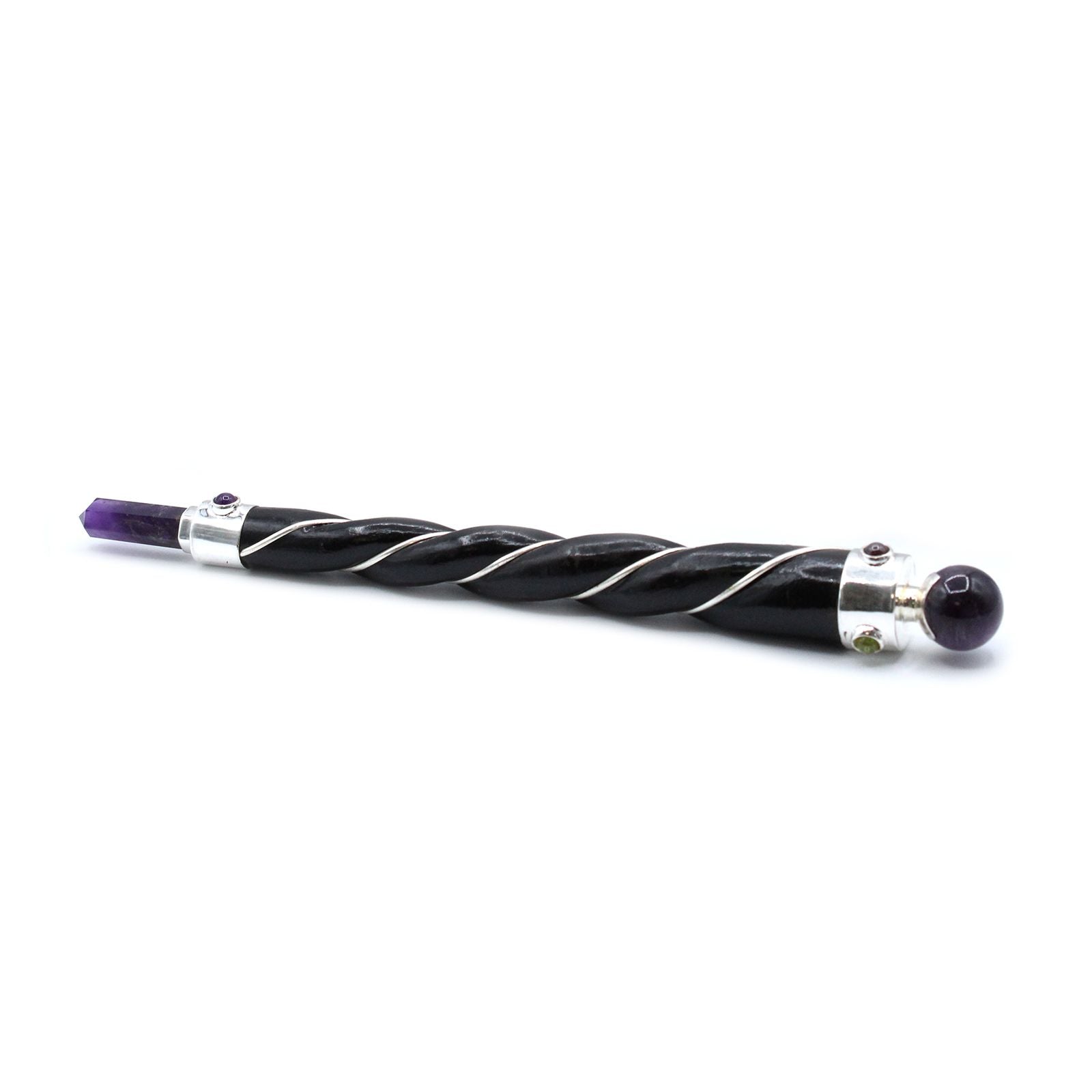 Twisted healing wand with silver, amethyst point, and amethyst sphere.