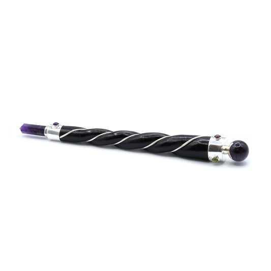 Twisted healing wand with silver, amethyst point, and amethyst sphere.