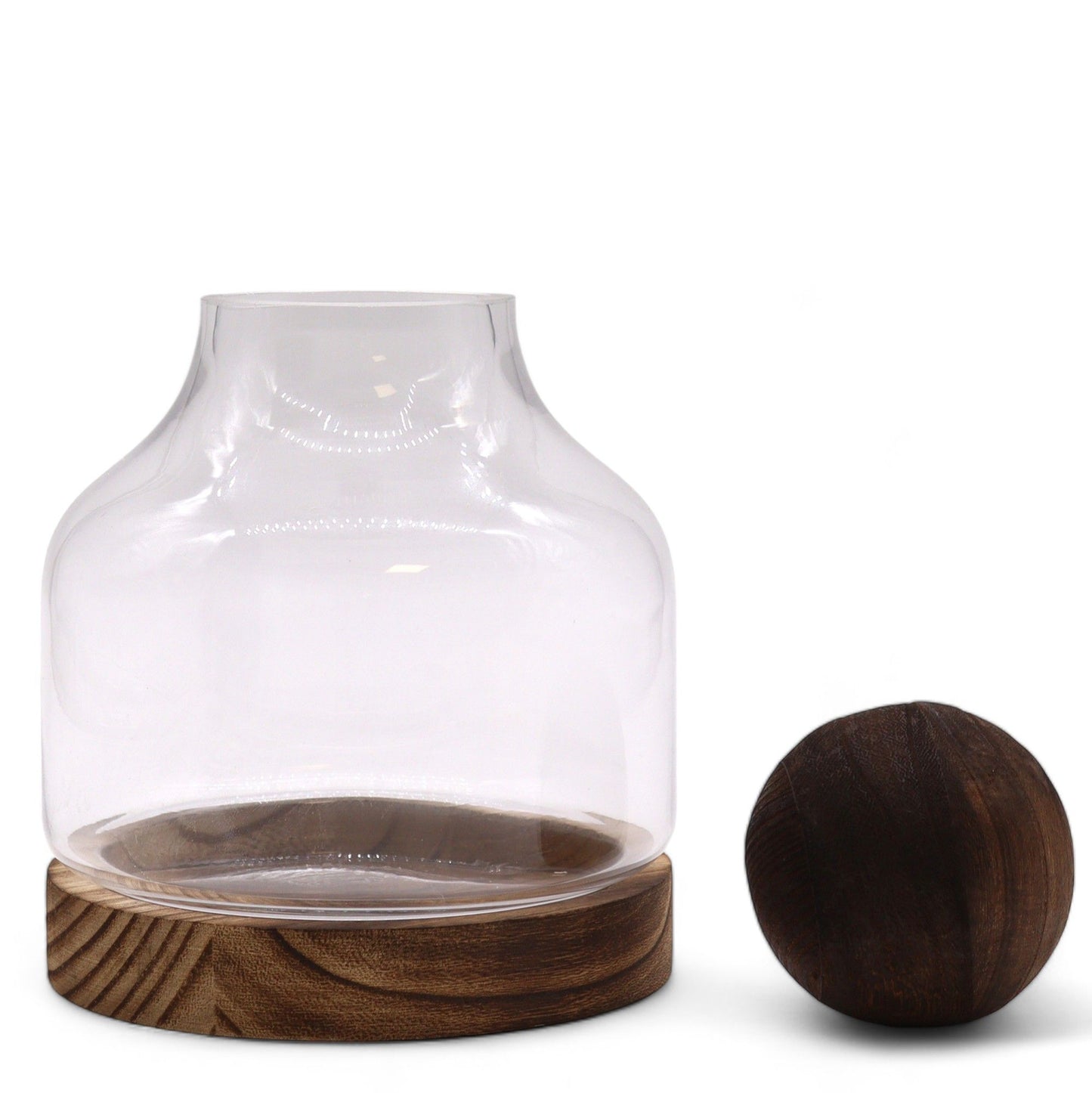 Glass terrarium with a rounded top on a dark wood base.